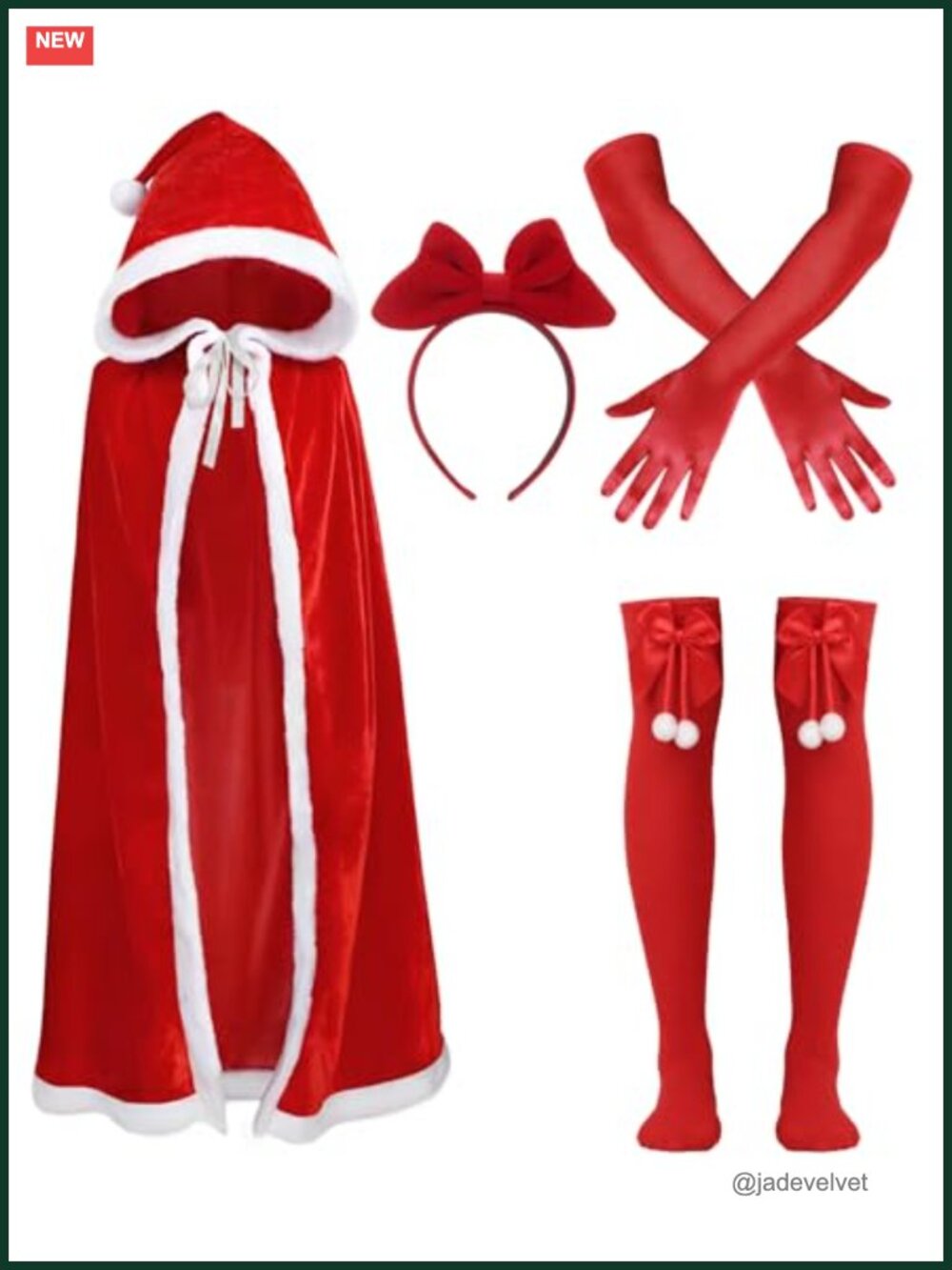 Women's Christmas Santa Claus Velvet Hooded Cape Set with Socks Gloves Bow